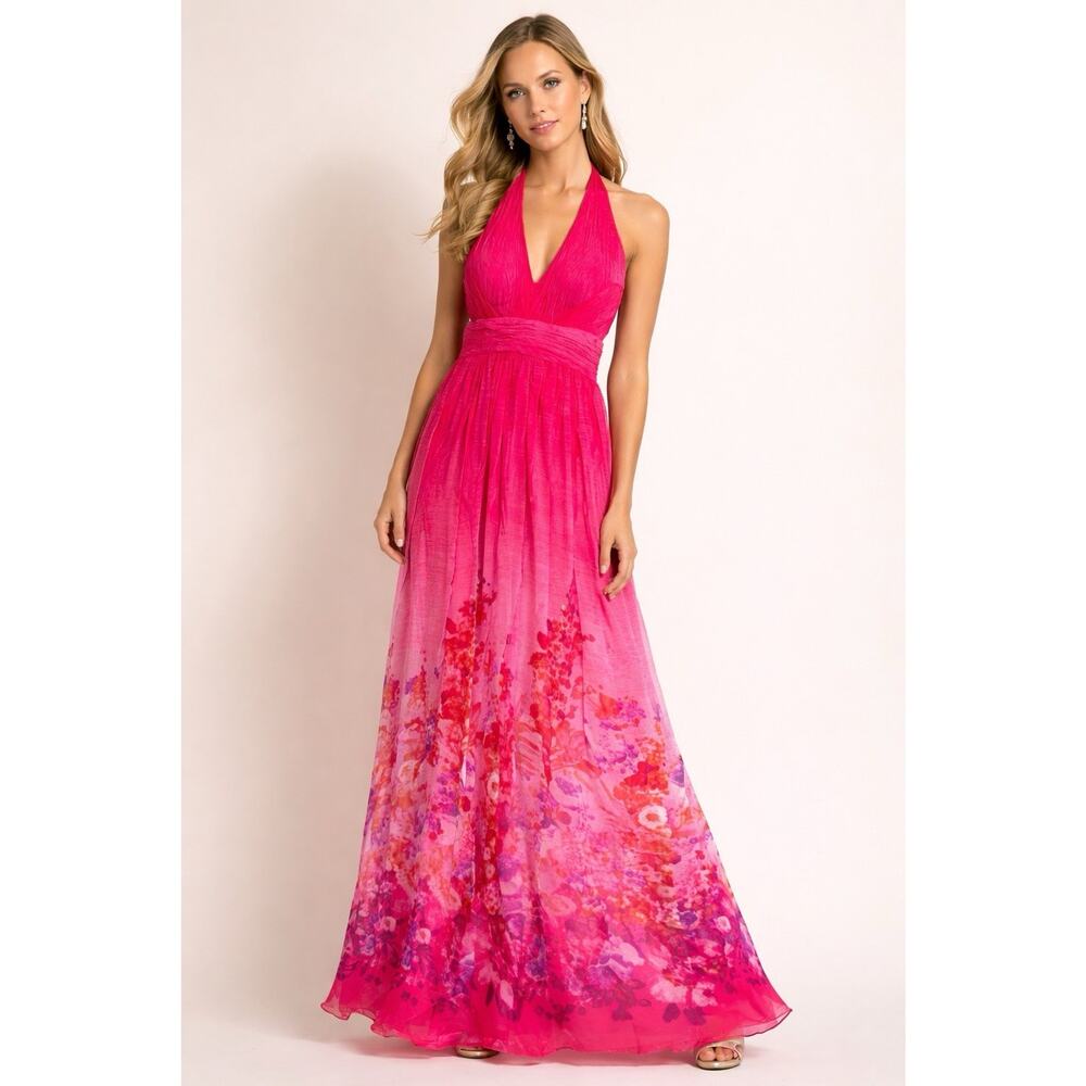 Aidan Mattox Pink Ombre Halter Gown Floral Maxi Dress Size 14 NWT Prom Wedding